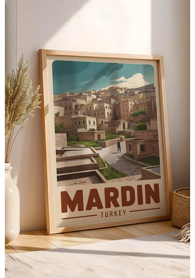 Mardin Tablo - Retro Travel Poster - Tarihi Şehir Duvar Dekoru - Çerçeveli Şehir İllüstrasyonu Kayın