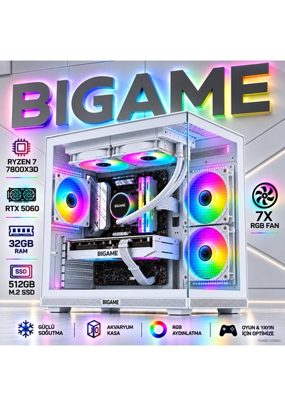 Bigame ELITE-V2 R7-7800X3D 32 GB 512 GB M2 SSD RTX5060 Free Dos Masaüstü Oyuncu Bilgisayarı