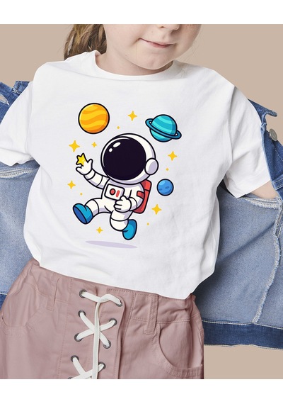 F17 Ajans Astronot Baskılı %100 Pamuk Sıfır Yaka Kız Ve Erkek Çocuk Tişörtü Beyaz