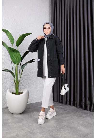 Harman Butik Kadın Cepli Düğmeli Kot Ceket Siyah Siyah