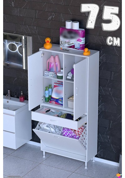 Yeni Afra 75 Cm 2 Gözlü Kirli Çamaşır Sepet, 2 Kapak Ve Çekmeceli 4 Raflı Çok Amaçlı Banyo Dolabı Beyaz Yeni Afra 75 Cm 2 Gözlü Kirli Çamaşır Sepet, 2 Kapak Ve Çekmeceli 4 Raflı Çok Amaçlı Banyo Dolabı Beyaz