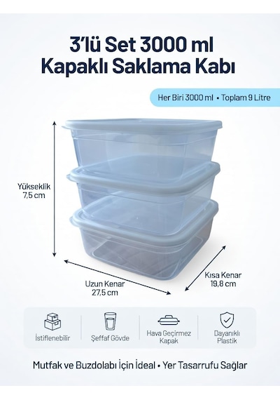 Kapaklı Saklama Kabı 3'lü Set, 3000 Ml Her Biri, Şeffaf, Bpa İçermez, Hava Geçirmez, İstifleneb