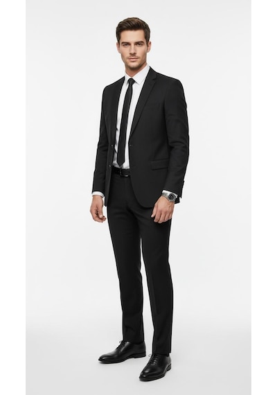 Erkek Slim Fit Mikro Desenli Takım Elbise 2 Düğmeli Çift Yırtmaçlı Modern Ceket Pantolon Takım Siyah