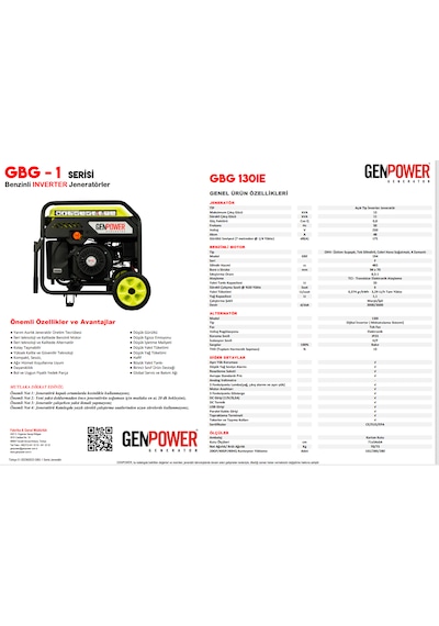 Genpower Gbg 130 Ie Oto Model 13 Kva, Benzinli, Otomatik Transfer Panolu, Tekerlekli, Monofaze 220 Volt Inverter Portatif Jeneratör