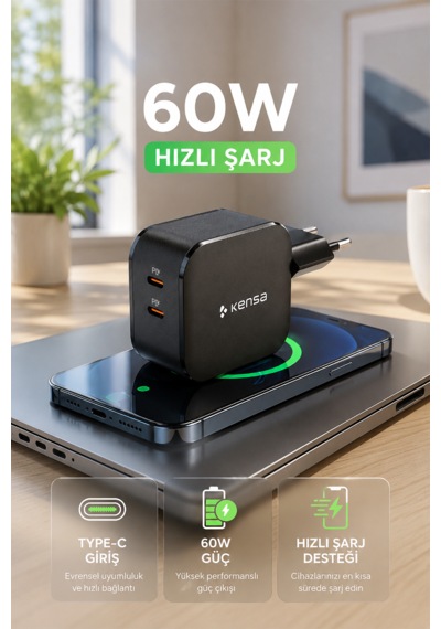60w Çift Portlu Usb-c Girişli Akıllı Hızlı Şarj Adaptörü
