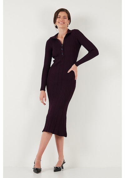 Lela Premium Fitilli V Yaka Slim Fit Midi Boy Triko Bayan Elbise 680El00282 Mürdüm
