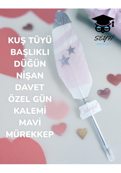 Kuş Tüyü Başlıklı Düğün Nişan Davet Özel Gün Kalemi Mavi Mürekkep Yıldız