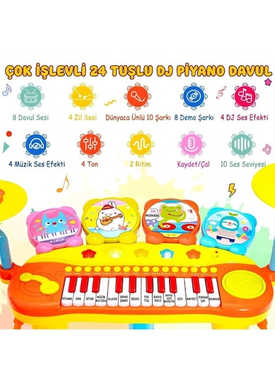 Çocuk Piyano Davul Seti Mikrofonlu - Işıklı Sesli, Tabureli 24 Tuşlu Eğitici Müzik Aleti Oyuncağı