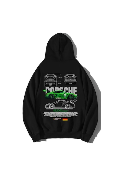 Brz Collection Unisex Oversize Porsche Rs Raw Green Hoodie Siyah