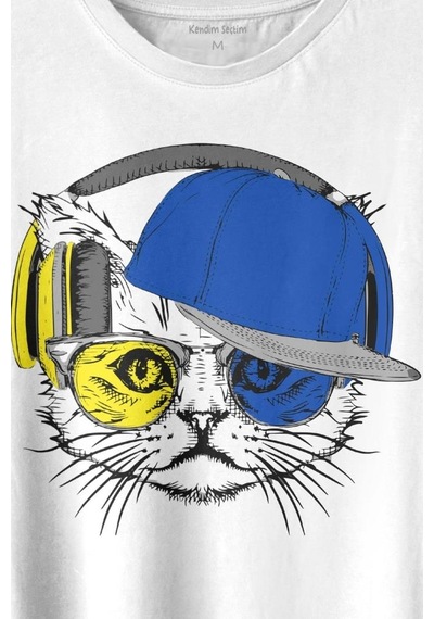 Cat Glasses Gözlüklü Sarı Lacivert Kedi Baskılı Tişört Unisex T-shirt 001