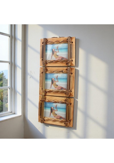 El Yapımı Doğal Ahşap 3 Lü Bambu Bamboo Fotoğraf Çerçevesi Dekoratif Ev Ofis Hediyesi Duvar Süsü - 1