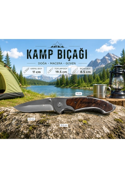 Browning Kamp Bıcağı Çakı Şık Tasarım Ahşap Saplı Antrasit