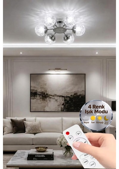 LumiaLighting Küre Model Gümüş 6"lı Kumandalı Ledli 3 Renk Modu Kristal Salon Mutfak Yatak Çocuk Odası Avize Altın