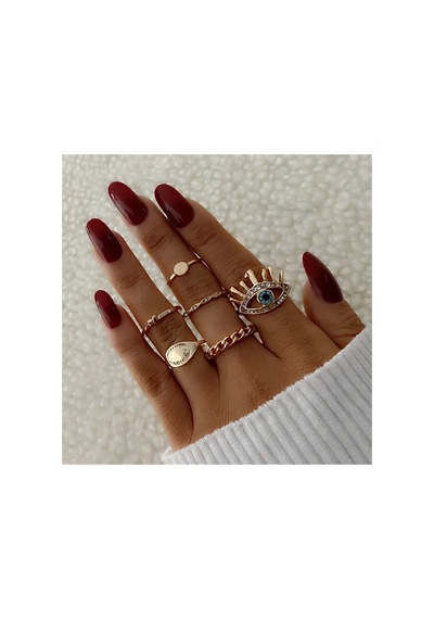 Silva 6 Adet Kristal Taşlı Geometrik Tasarım Kalp Nazar Figürlü Vintage Çoklu Gold Altın Yüzük Seti