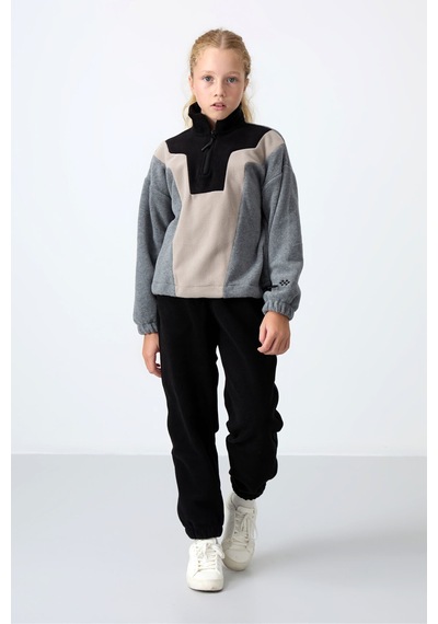 Tommy Life Gri Melanj Kalın Yumuşak Dokulu Oversize Nakışlı Polar Kız Çocuk Sweatshirt - 75153 Gri Melanj