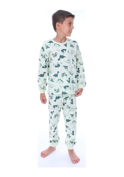 Isobel Kids Erkek Çocuk Dinazor Desenli Uzun Kollu Pijama Takımı-901 Yeşil