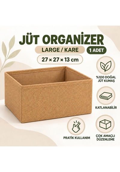 Harmony Jüt Tekli Organizer Katlanabilir Düzenleyici Jüt Sepet, 27 27 13 Cm, Bej