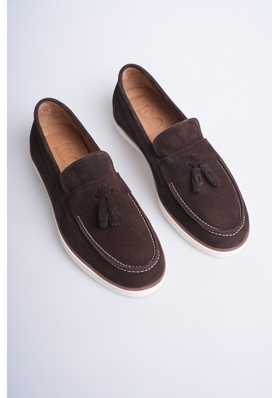 Fame Step Hakiki Deri Erkek Loafer Ayakkabı Süet Günlük Rahat Casual Mokasen Püsküllü Siena Kahverengi