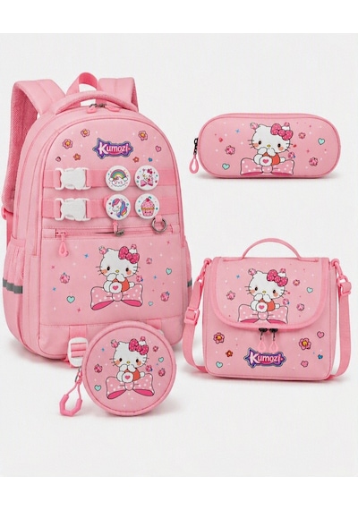 Hello Kitty Baskılı Özel Tasarım Ortopedik Su Geçirmez Cüzdanlı Okul Çantası Termal Beslenme Ve Kalemlik Seti Pembe