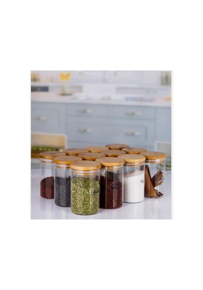 12 Li Şeffaf Etiketli Bambu Kapaklı Borosilikat Cam 250 Ml Baharatlık Seti Baharatlık Takımı 689599279 Diğer