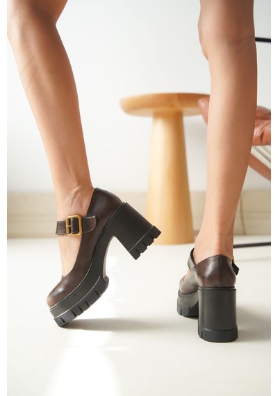 Nvl-1006 Kahverengi Günlük Yüksek Topuklu Platform Loafer Kadın Ayakkabı Kahverengi