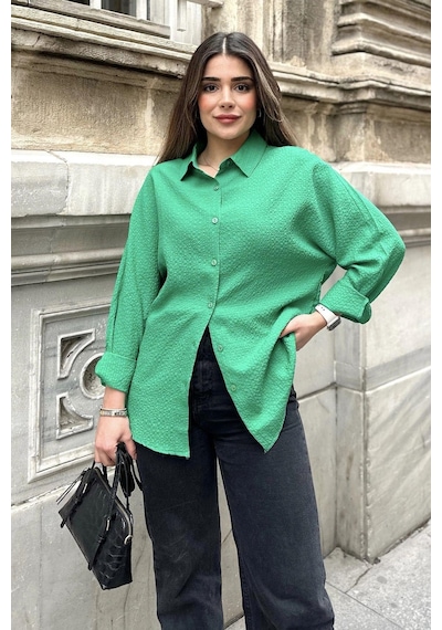 WeShaya Kadın Yeşil Basic Model, Gofre Kumaş, Salaş Gömlek Benetton
