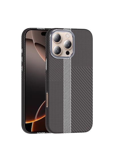 Noktaks - İphone 16 Pro Uyumlu Kılıf Magsafe Özellikli Karbon Fiber Görünümlü Gros Kapak - Siyah-lacivert - T36934