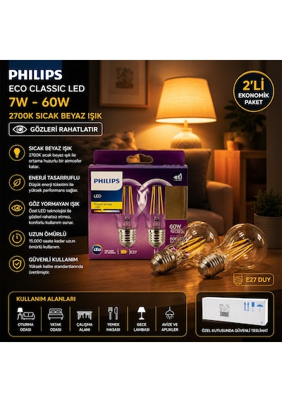Philips Gold Renk Filament Rustik Led Ampul 7w E27 2'li Set 6'lı Paket