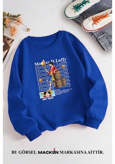 Macklin Unisex Kadın Erkek Monkey D Luffy Anime Özel Tasarım Baskılı Bisiklet Yaka Sweatshirt Mavi Mck1331 Mavi