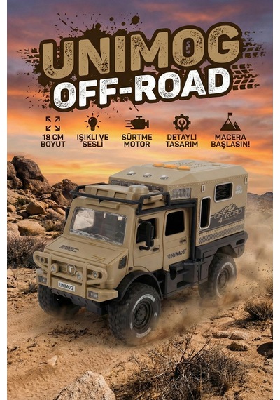 Bej Işıklı Ve Sesli Unimog Tarzı Off-road Karavan Jeep - 18 Cm Sürtmeli Safari Kamp Aracı Çok Renkli