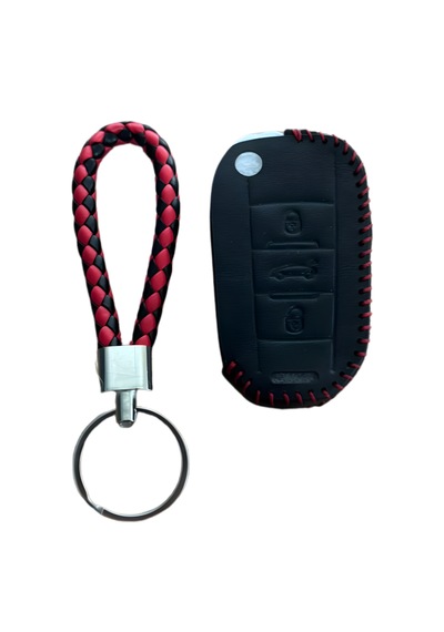 Autohan Keys Peugeot Anahtar Kılıfı İçin Uyumlu, Siyah Deri, Kırmızı Örgülü, 3 Butonlu, Sustaıı Tasarım, 301 307 308 208 508 2008 3008 Partner Van Modelleri