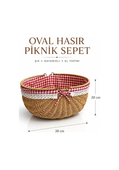 Piknik Sepeti Oval Hasır Detaylı 38 Cm Krem