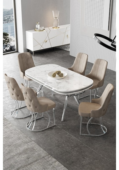 Canisa Epal Serisi 90x168 Lak Panel Beyaz Mermer Desen Masa Takımı Krom Ayaklı 6 Cappucino Sandalye Beyaz Mermer Desen Masa Sandalyeler Cappucino Canisa Epal Serisi 90x168 Lak Panel Beyaz Mermer Desen Masa Takımı Krom Ayaklı 6 Cappucino Sandalye Beyaz Mermer Desen Masa Sandalyeler Cappucino