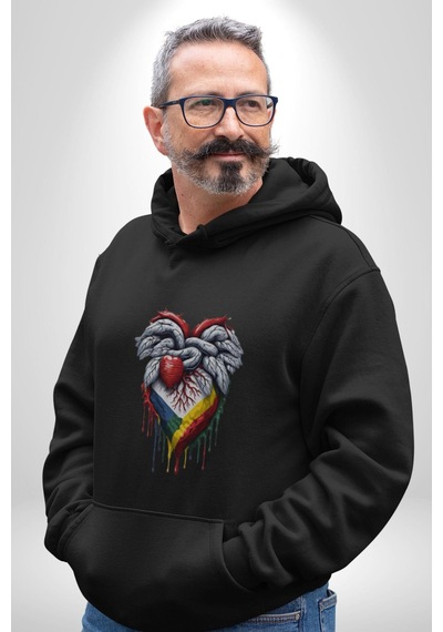 Kalp Damar Renkli Boyalı Kadın Erkek Siyah Kapüşonlu Sweatshirt Hoodie Siyah