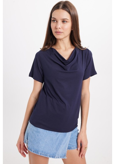 Tudors Kadın Oversize Rahat Kesim Asimetrik Yaka Kısa Kol Lacivert Viskon Bluz-50853