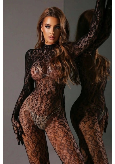 Ang Butik Kadın Siyah Leopar Desenli Transparan Uzun Kollu Vücut Çorabı Tm1469 Takımı