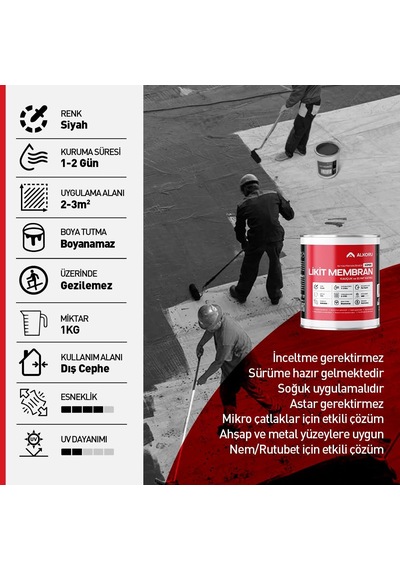 Alkoru Süper Likit Membran Kauçuk Ve Elyaf Katkılı Sıvı Su Yalıtım Malzemesi 1, Kilogram