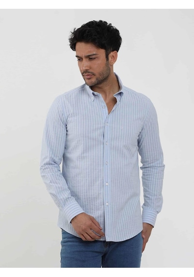 Dufy Mavi Erkek Slim Fit Çizgili Düğmeli Yaka Uzun Kol Gömlek - 104900-mavi Mavi