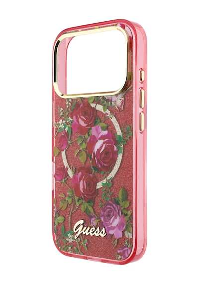 Apple iPhone Uyumlu 18 Pro Kılıf Guess Lisanslı M-safe Şarj Özellikli Gül Desenli Simli Yazı Logolu Kapak Bordo