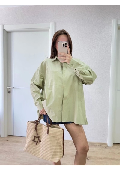Defymoda Yakalı Yandan Yırtmaçlı Gömlek - Yeşil Yeşil