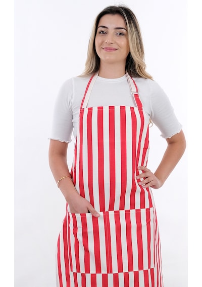 Sweet 3lü Set Ayarlanabilir Askılı Cepli Mutfak Önlüğü Seti 2 Eldiven Kırmızı Çizgili