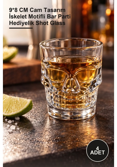 4 Adet Kurukafa Cam Shot Bardağı 9 8 Cm Cam Tasarım İskelet Motifli Bar Parti Hediyelik Shot Glass