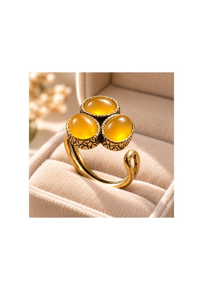 Esoo Jewelry Doğal Taş Detaylı 3 Taşlı Vintage Gold Ayarlanabilir Kadın Yüzük - Bal Sarısı Koyu Sarı