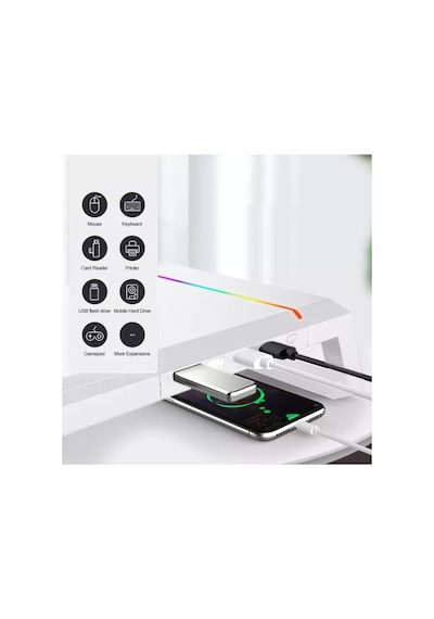 Laptop Sehpası Rgb Işıklı Mönitör Standı Ekran Altlığı 4 Usb Hub Telefon Tutuculu Beyaz
