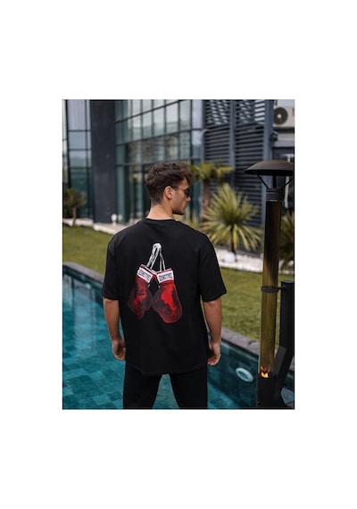 Erkek Kısa Kol Tişört Bisiklet Yaka Box Eldiven Baskılı T-shirt - Siyah