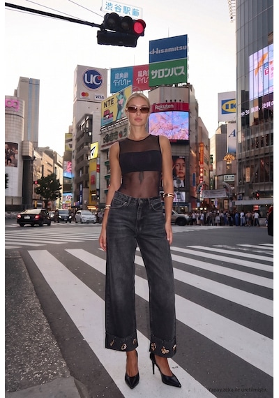 Kadın Koyu Füme 2w6-1 Relaxed Fit Aksesuar Detaylı Özel Tasarım Denim Jean