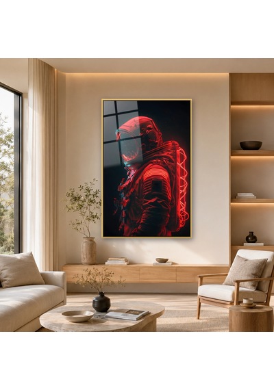 Kırmızı Neon Işıklı Astronot Gold Çerçeveli Cam Tablo