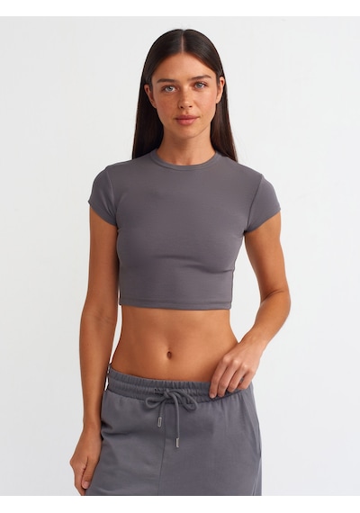 Dilvin Vücuda Oturan Crop Top Füme
