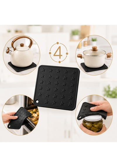 Siyah Silikon Nihale 16x16cm Çok Amaçlı Tencere Tava Altlığı Fırın Tepsi Tutacağı Kavanoz Açacağı Ev
