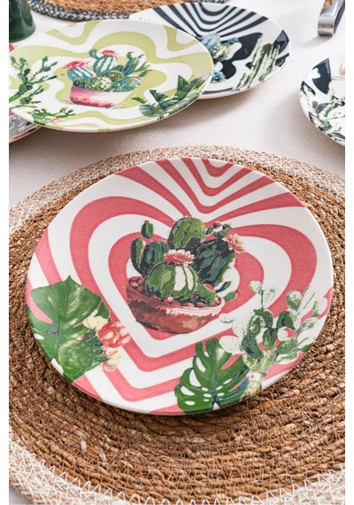 6'lı Kaktüs Desenli Pasta Tabağı Seti 20 Cm - Kahvaltı & Tatlı Sunum Renkli